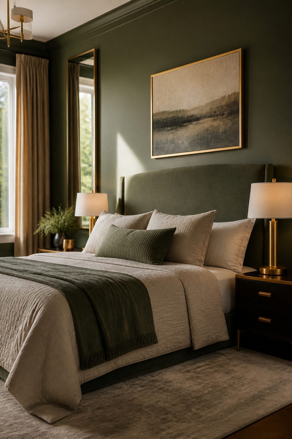 Dark green bedroom with gold bedside lamps and picture frames.