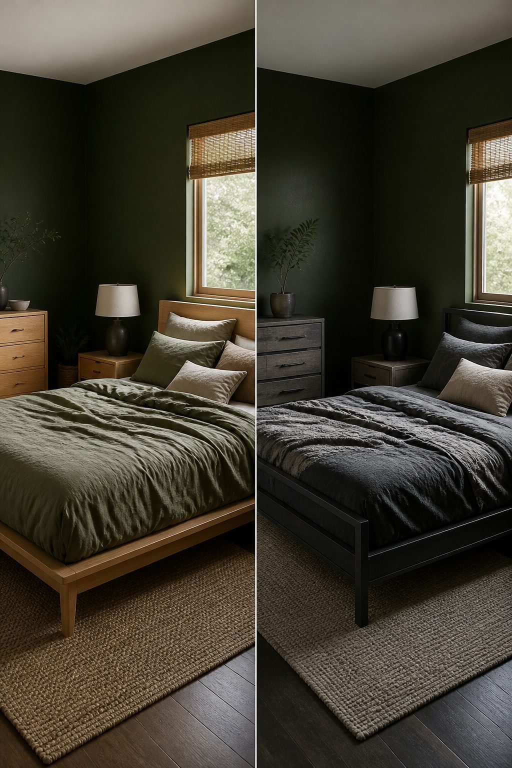 Dark green bedroom featuring oak and walnut furniture.
