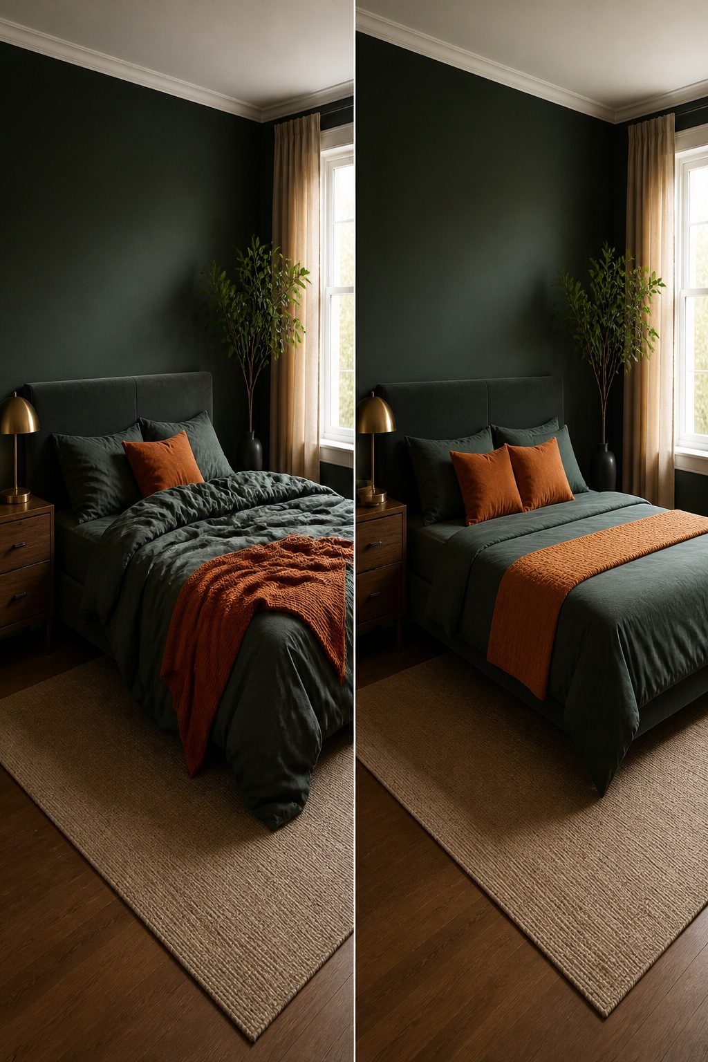 Burnt orange accents in a dark green bedroom with pillows and throws.