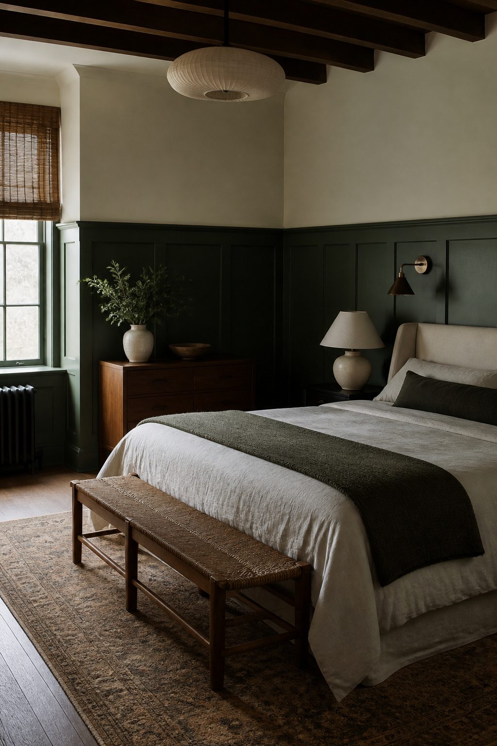 Dark green wainscoting in a bedroom, contrasting with matte upper walls.