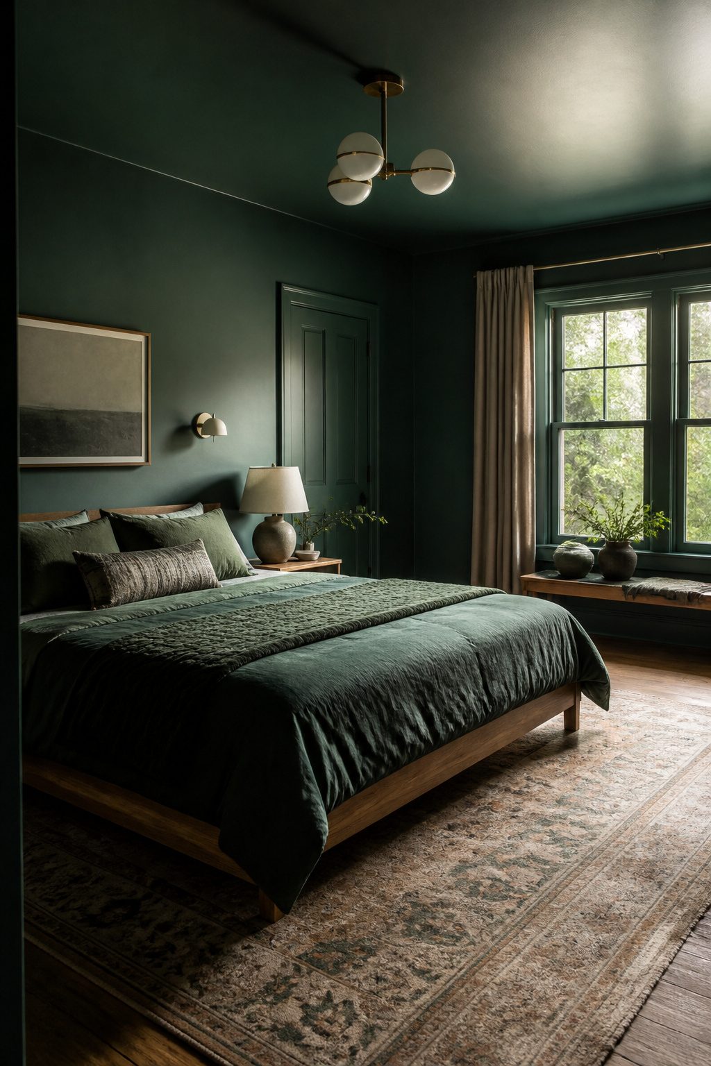 Emerald green walls and ceiling create a cohesive bedroom space.