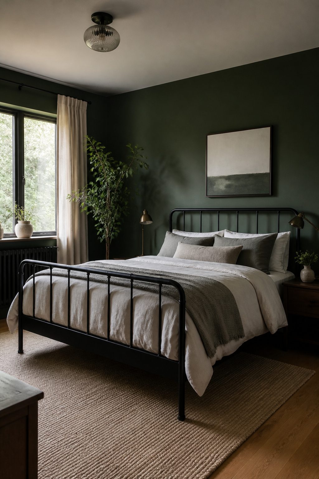 Modern forest green bedroom with a black metal bed frame.