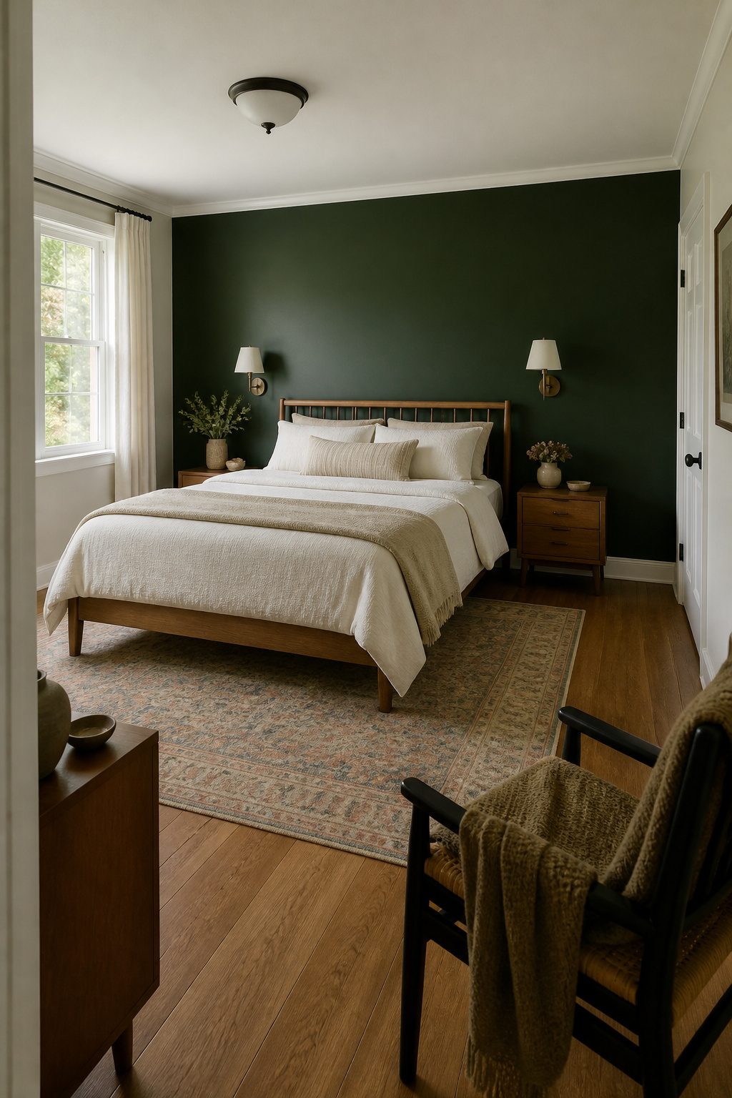Forest green accent wall behind a bed in a stylish bedroom.