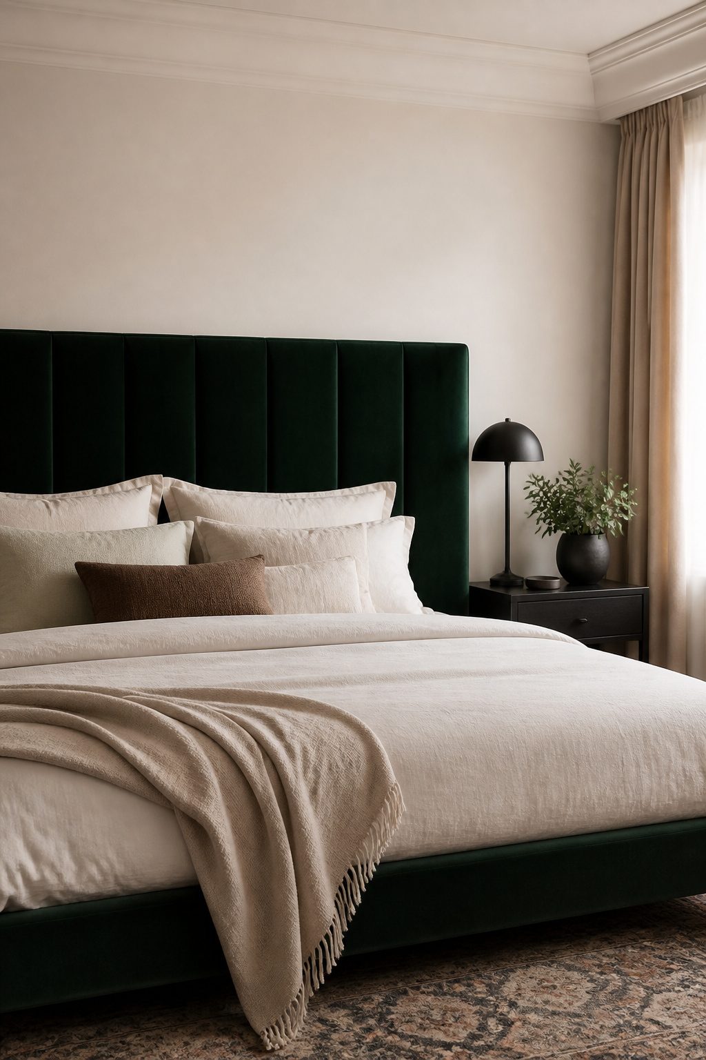 Hunter green velvet headboard in a bedroom with cream walls and bedding.