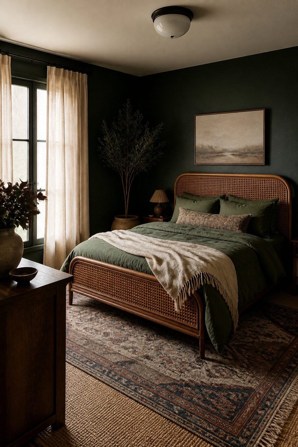 Boho-style dark green bedroom with rattan bed frame and textured rugs.