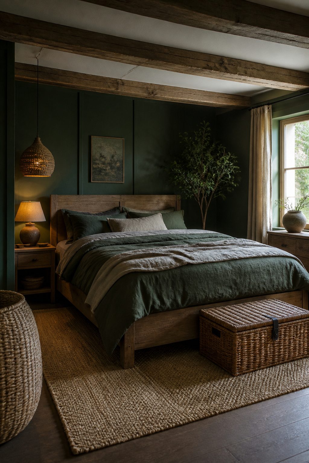 Rustic bedroom with dark green walls and reclaimed wooden beams.