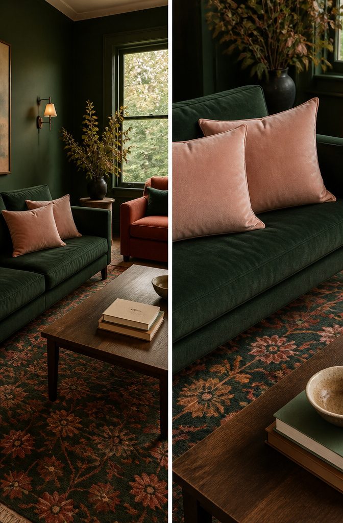 Pale pink throw pillows and rust-colored chair in a dark green living room