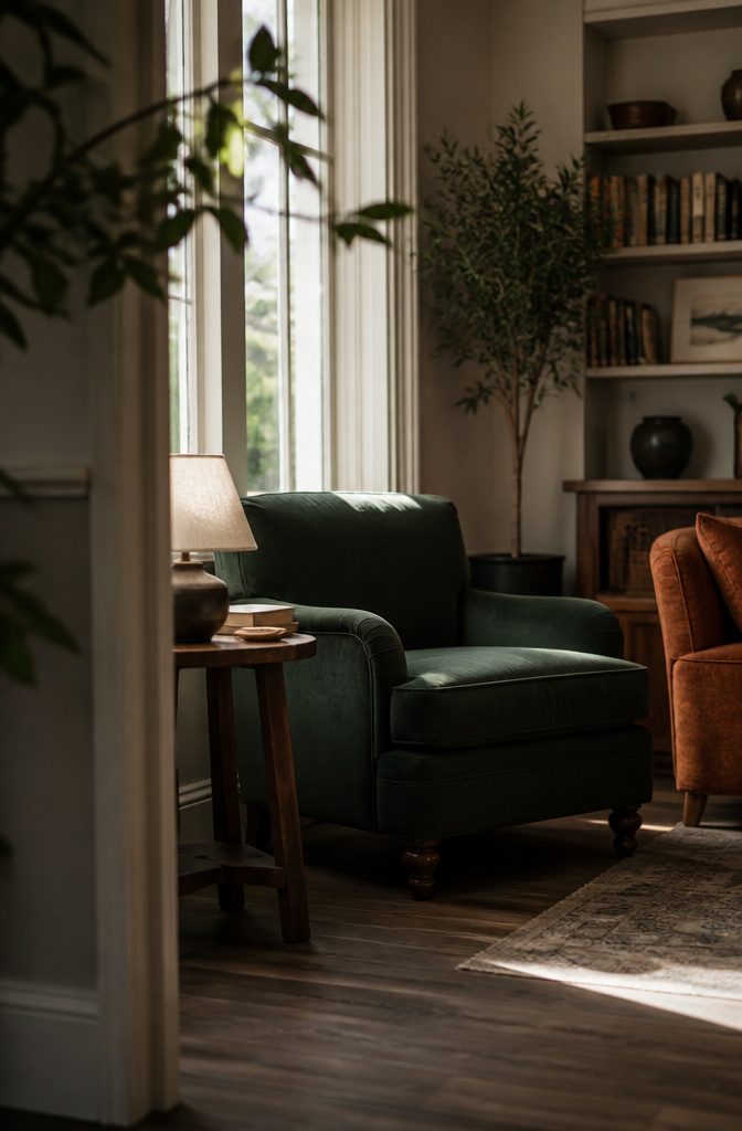 Hunter green armchair beside a side table lamp and rust-colored chair