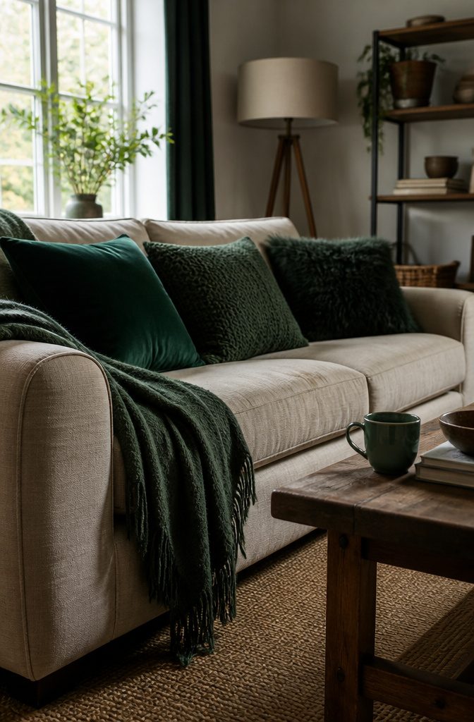 Forest green throw and velvet wool and faux fur cushions on a beige sofa