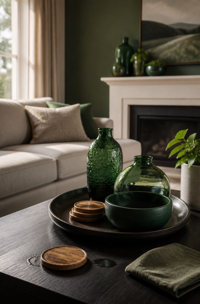 Emerald and forest green glass vases arranged on a living room shelf