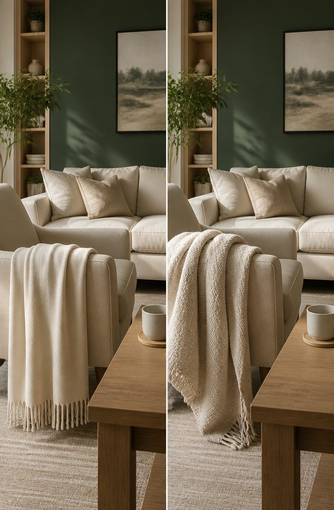 Dark green feature wall with cream seating and light natural wood furniture