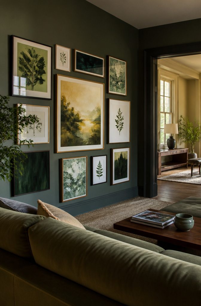 Green botanical and abstract prints above an olive sectional with a gold-toned print