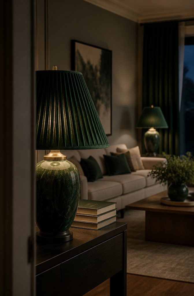 Forest green pendant and table lamps near a living room sofa