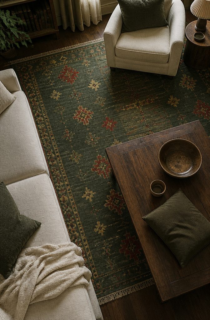 Dark green patterned rug with red and yellow details under living room seating