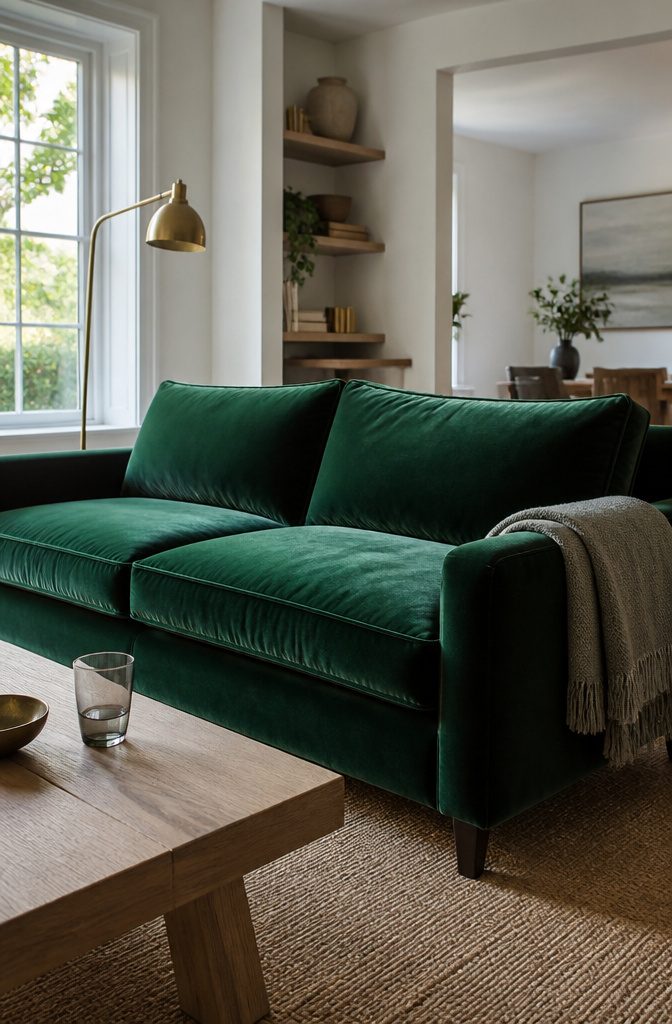 Dark green sofa with lighter walls and warm wood furniture
