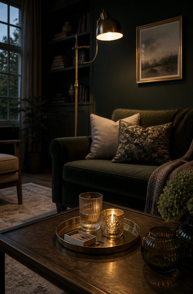 Brass floor lamp gold tray and candle holders against a hunter green wall