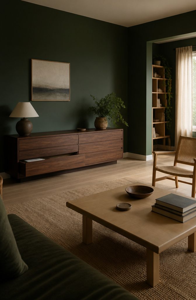 Low walnut or teak chest of drawers against a dark green wall