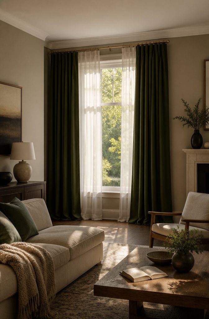 Floor-length dark green curtains with sheer white panels at the windows