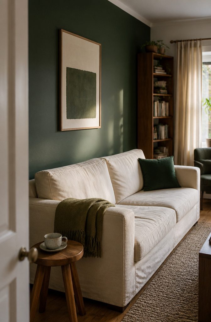 Dark green accent wall behind pale living room furniture