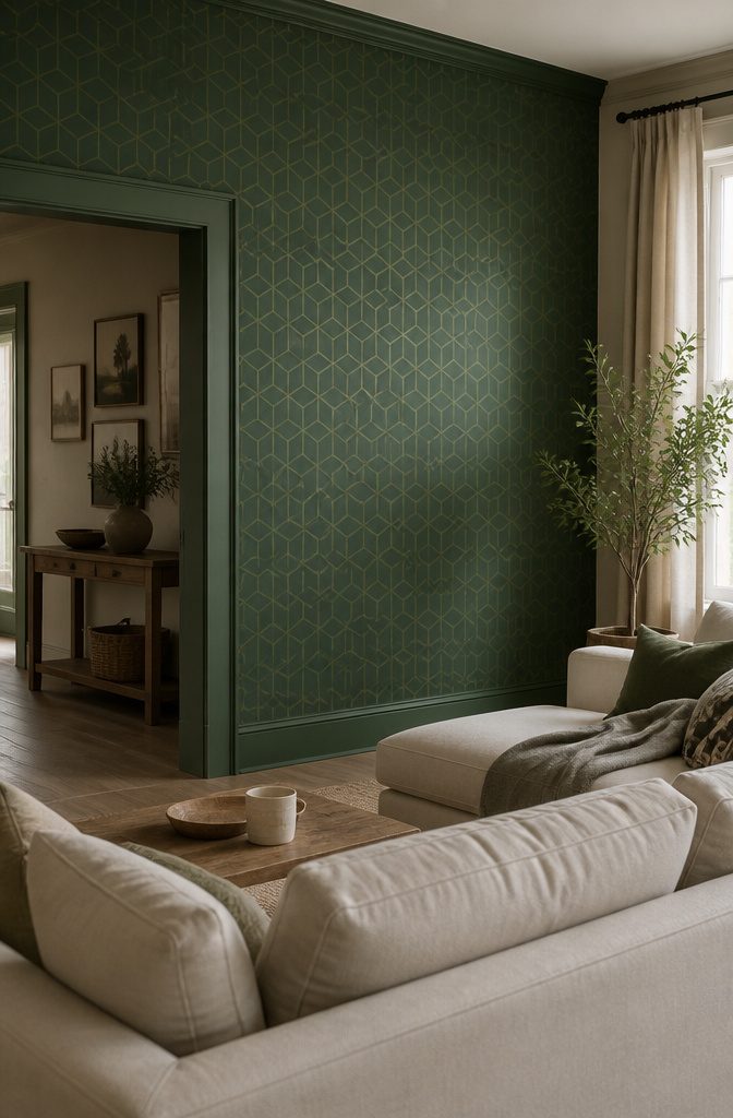 Dark green accent wall with a small repeating geometric wallpaper pattern
