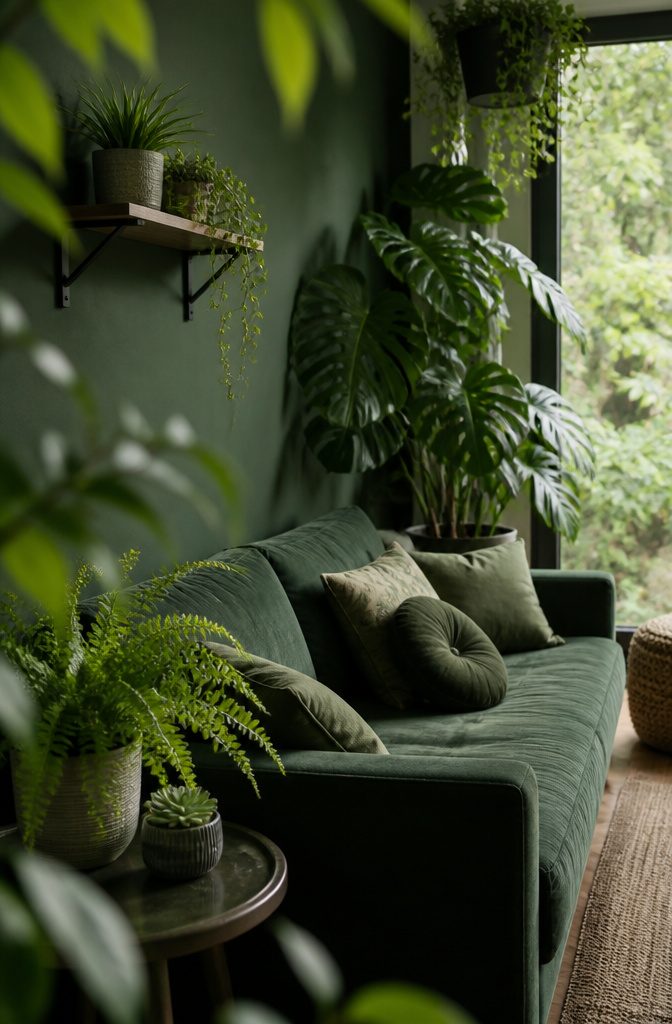 Large leafy houseplants beside living room furniture and smaller plants