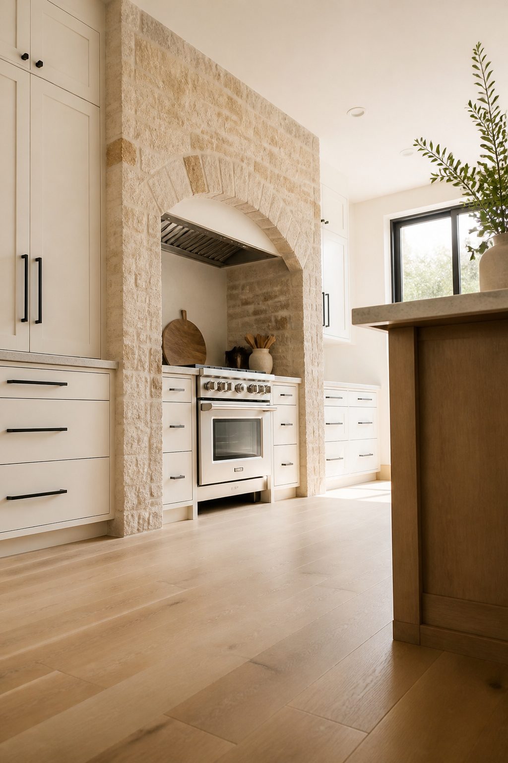 A kitchen featuring an arched stone doorway and flat-panel cabinets.