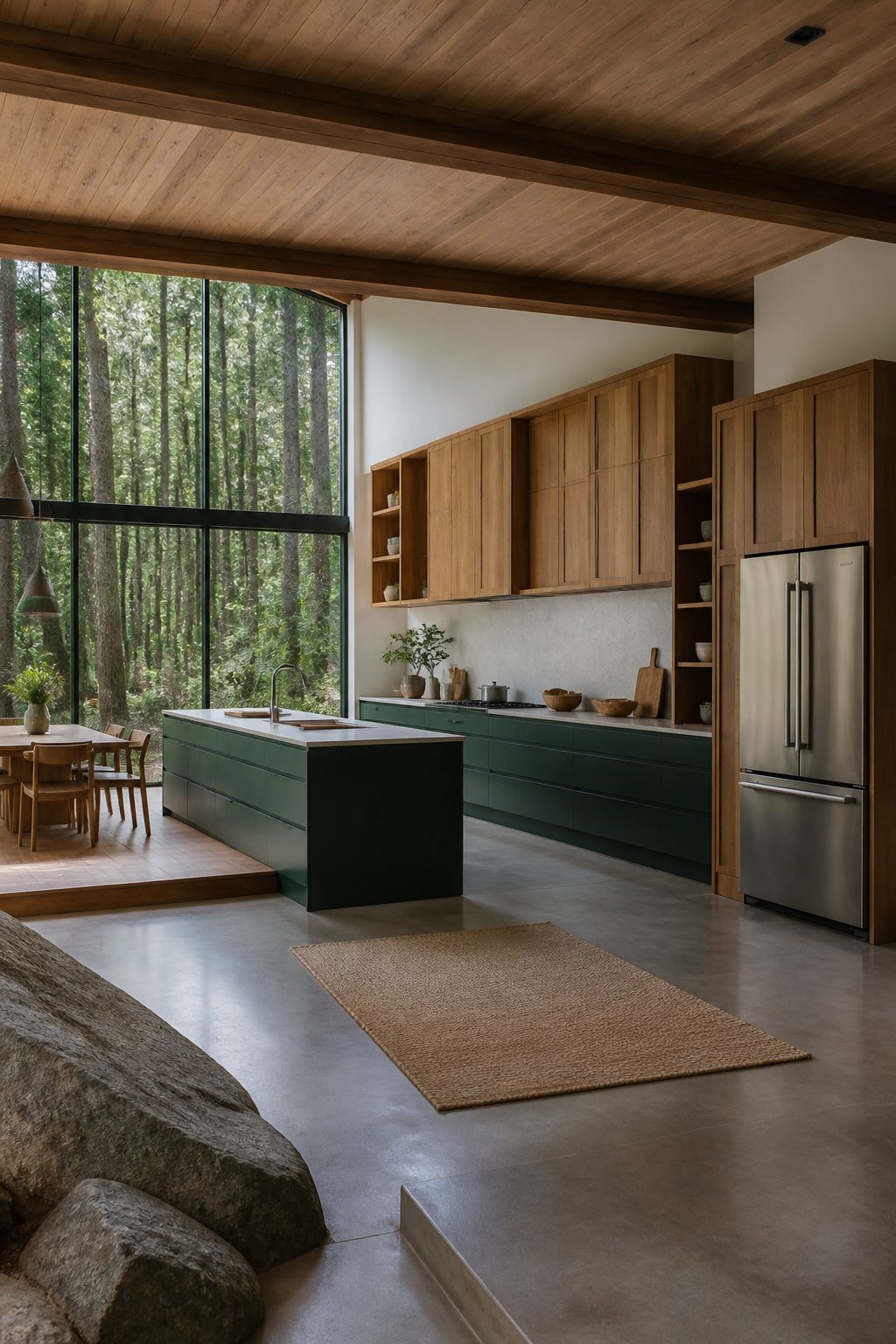 A kitchen featuring green lower cabinets and a large window.