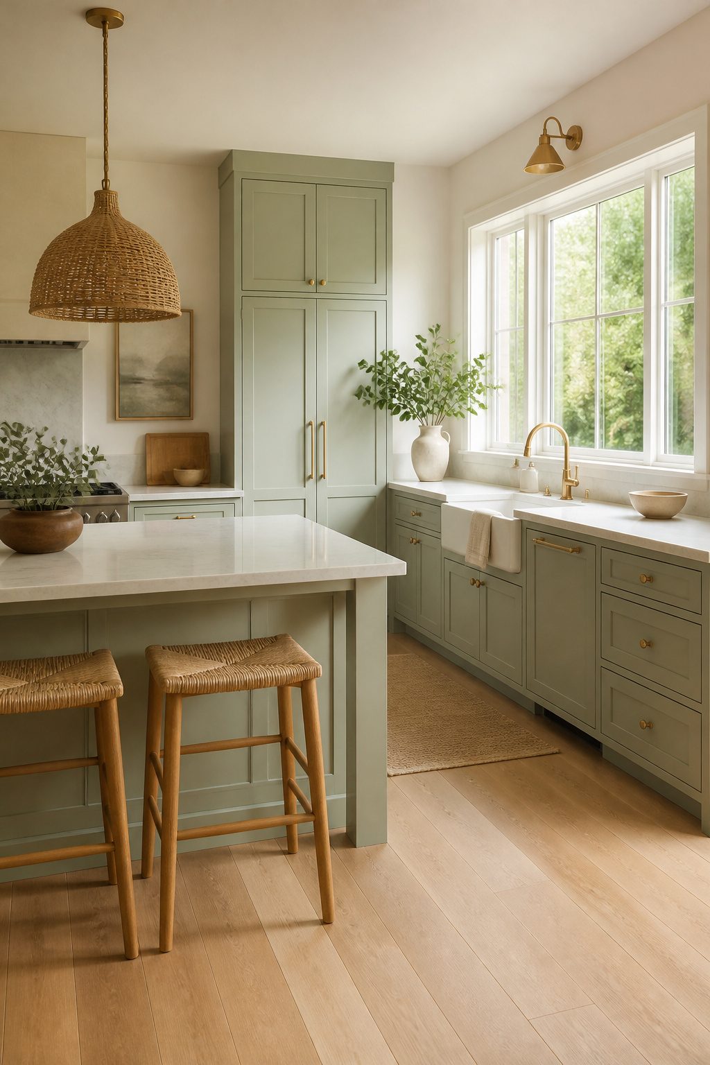 A kitchen with pale mint cabinets and light hardwood flooring.