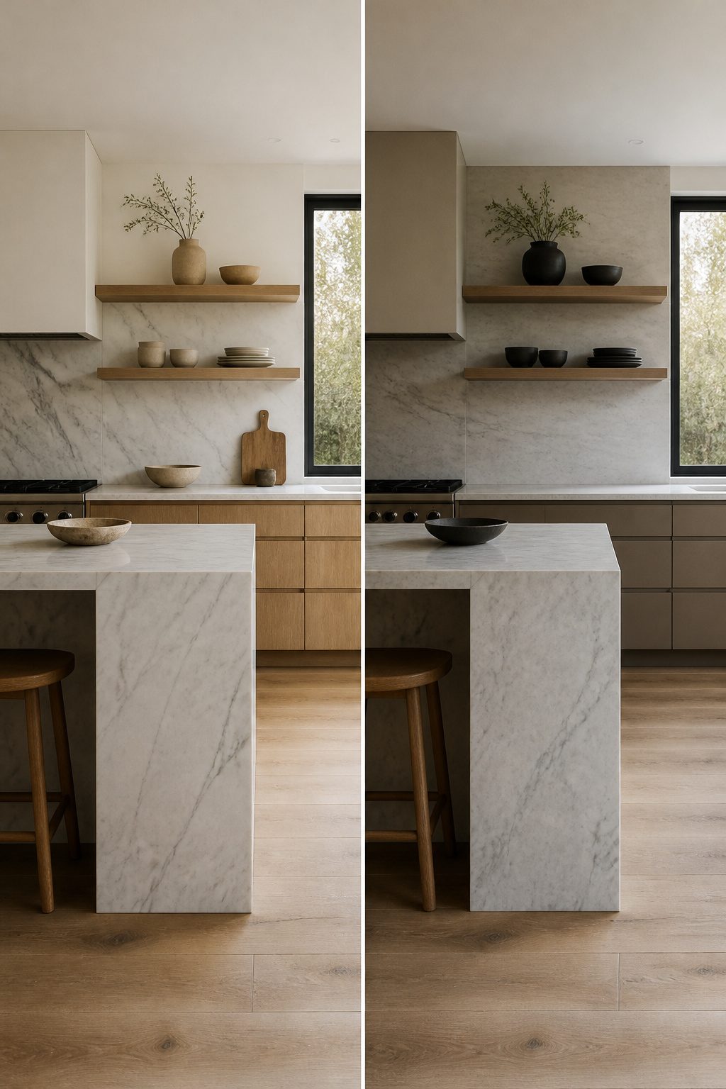 A kitchen with light gray marble and white oak cabinetry.