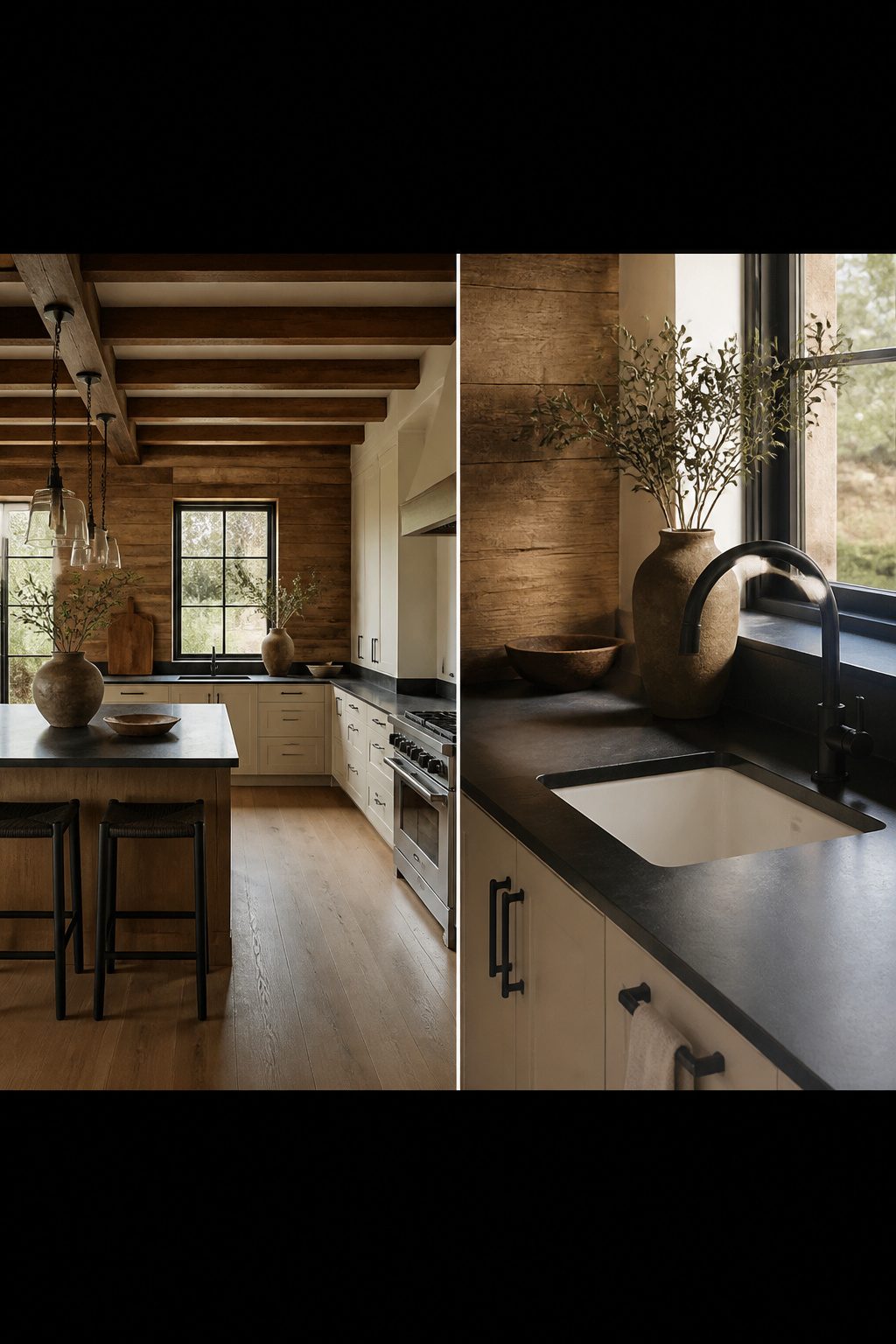 A kitchen with clean-lined cabinets and reclaimed wood beams.