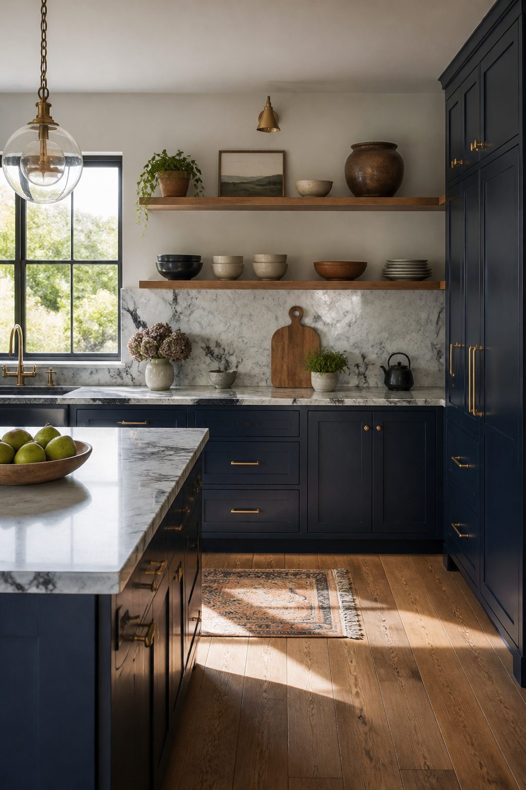 A kitchen featuring deep navy cabinets and a veined marble countertop.