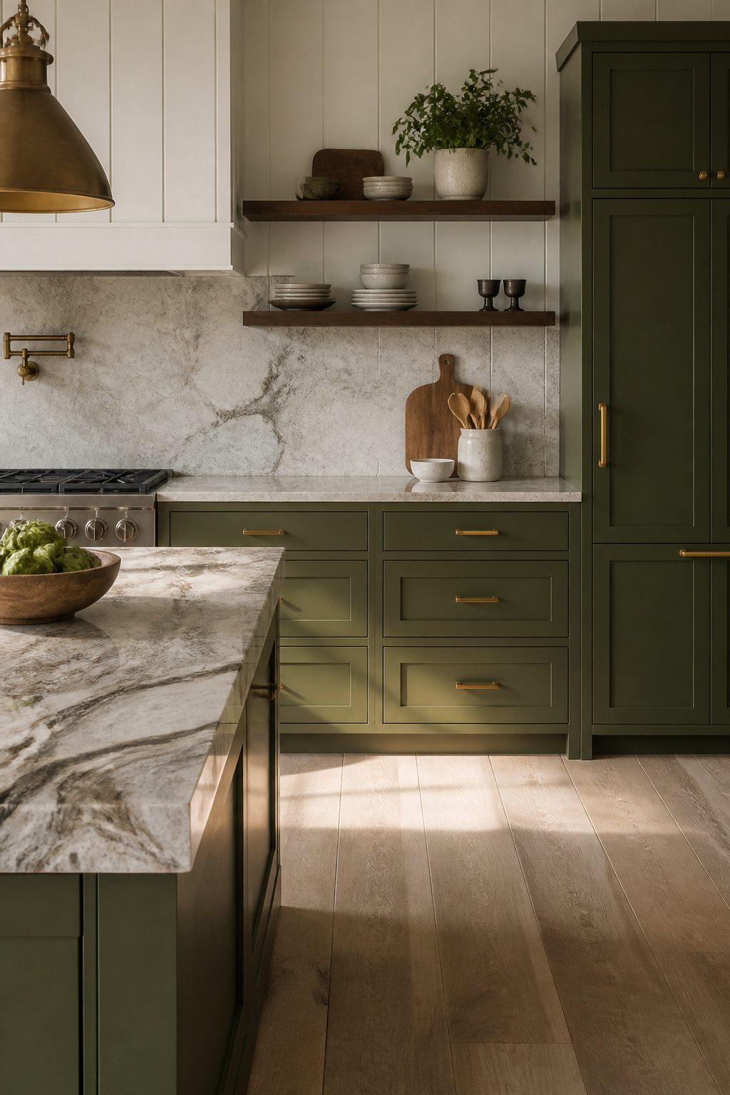A kitchen featuring deep olive cabinets and a veined marble countertop.