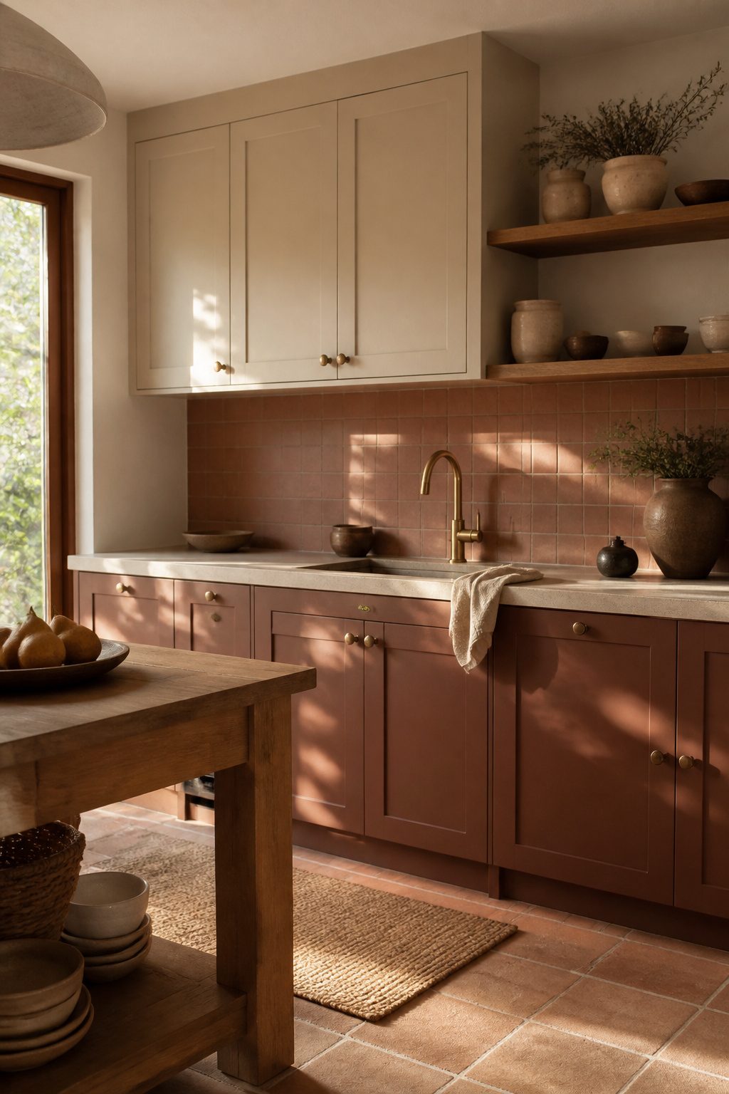 A kitchen with muted clay tones and a honed sandstone countertop.