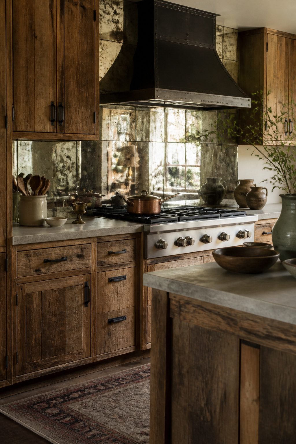 A kitchen with antiqued mirror panels and rough-sawn pine cabinets.