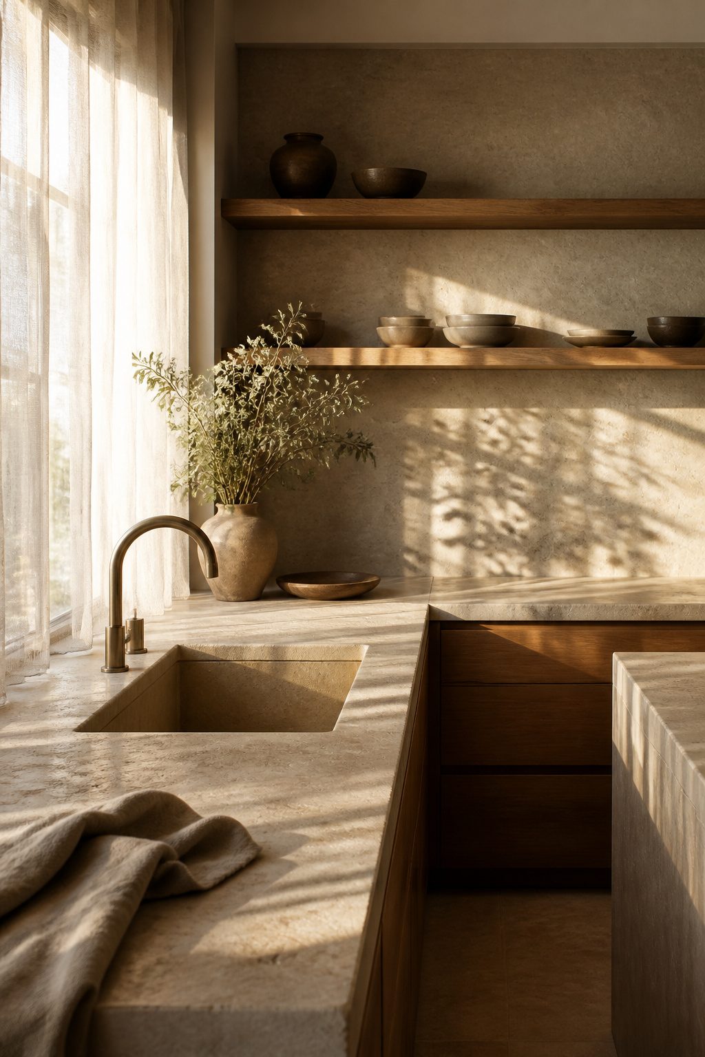A kitchen with a honed limestone backsplash and sandstone countertop.