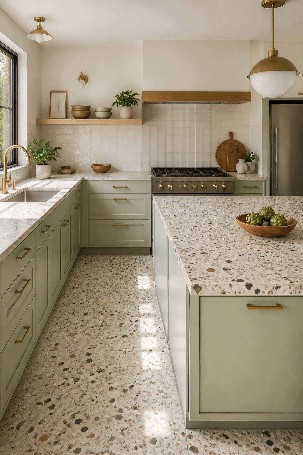 A kitchen with large-format terrazzo flooring and mint-colored cabinets.