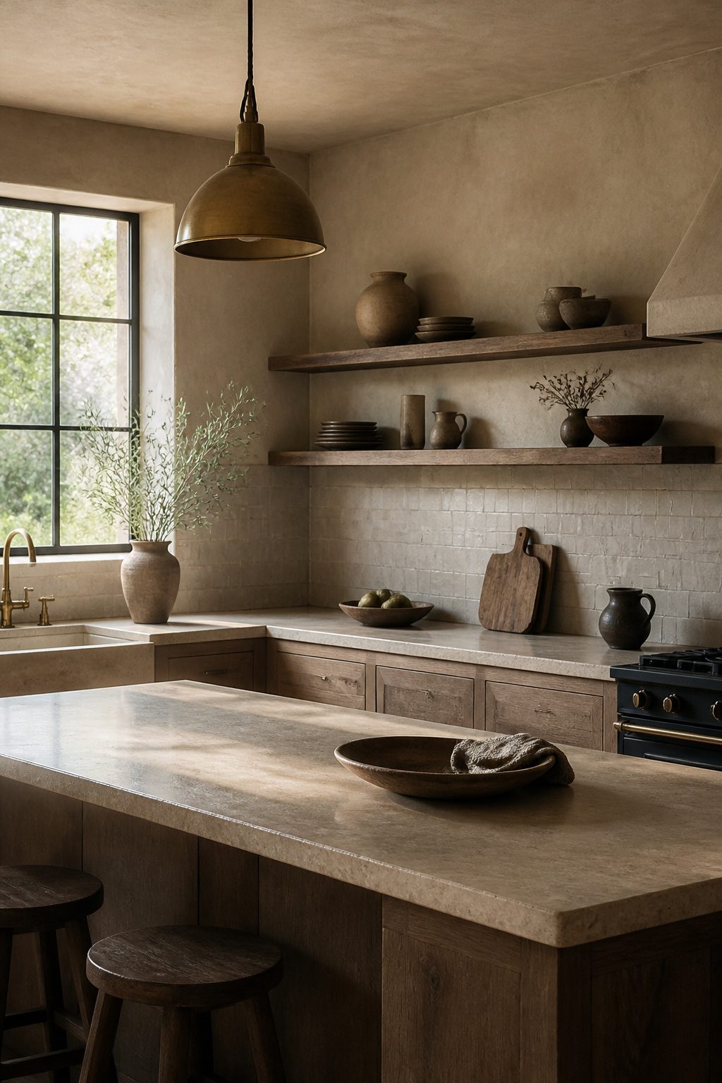 A kitchen with layered beige and cream finishes and open wooden shelves.