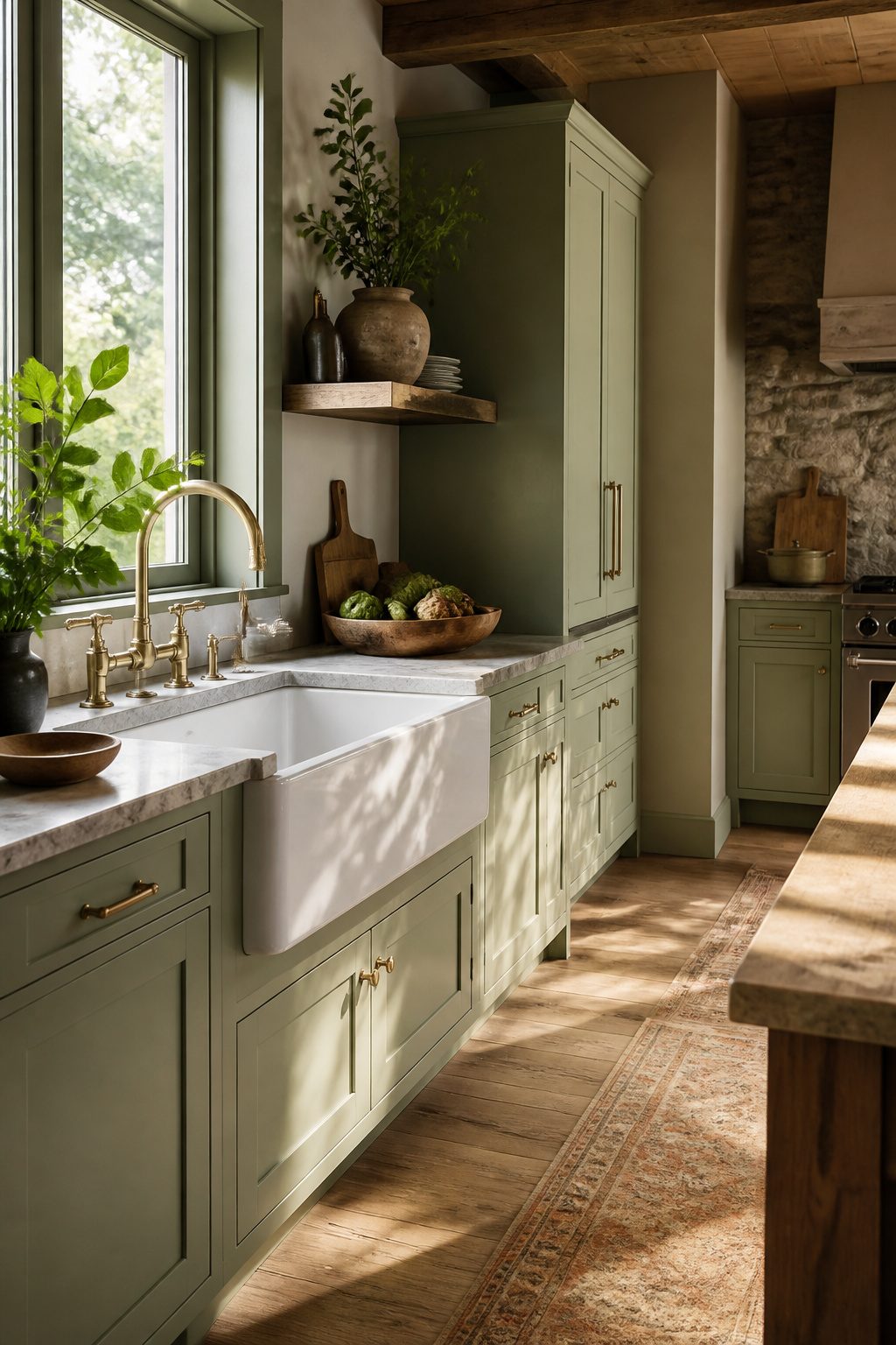 A kitchen with a butler sink and soft sage Shaker cabinets.