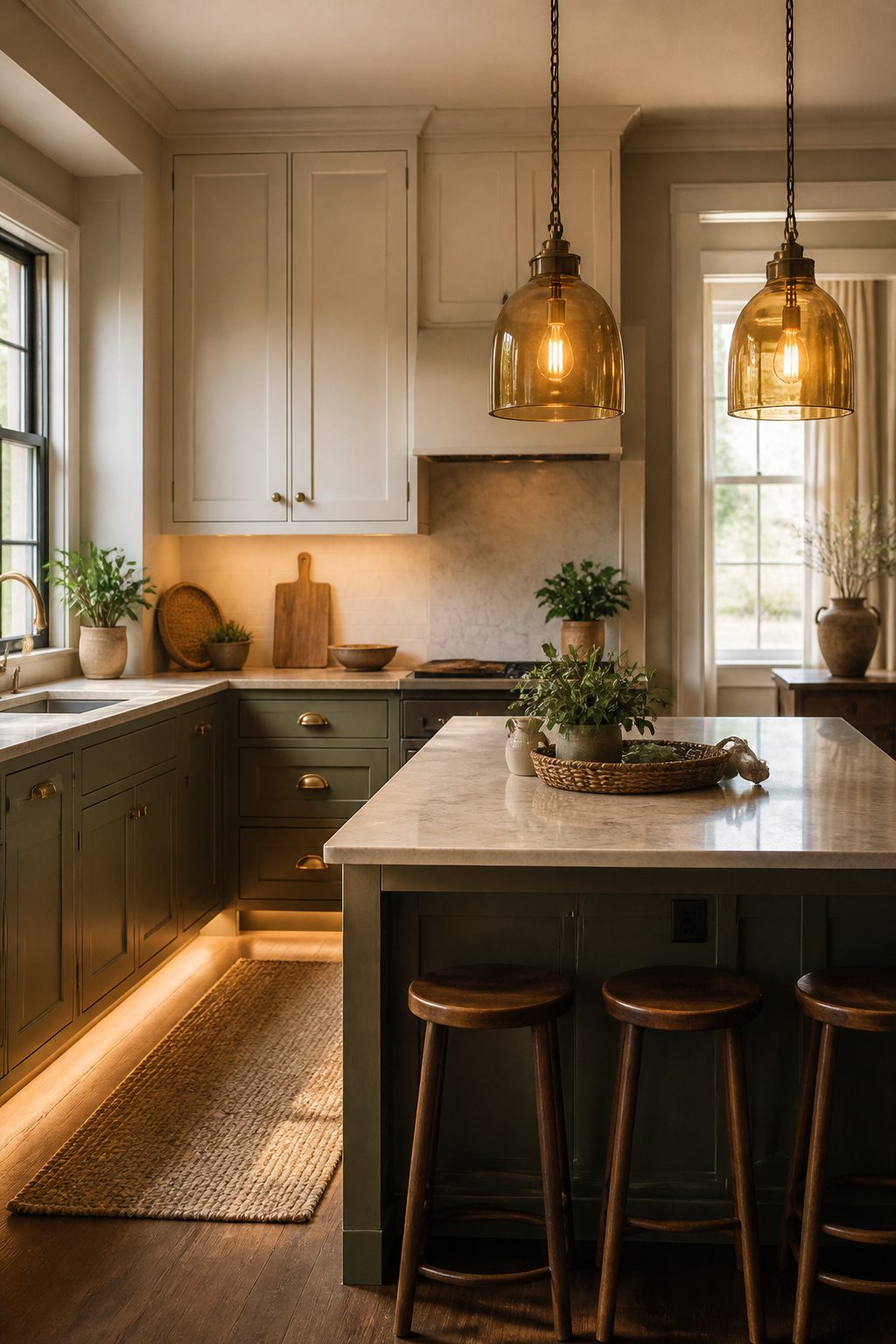 A kitchen featuring muted sage cabinets and amber glass pendants.