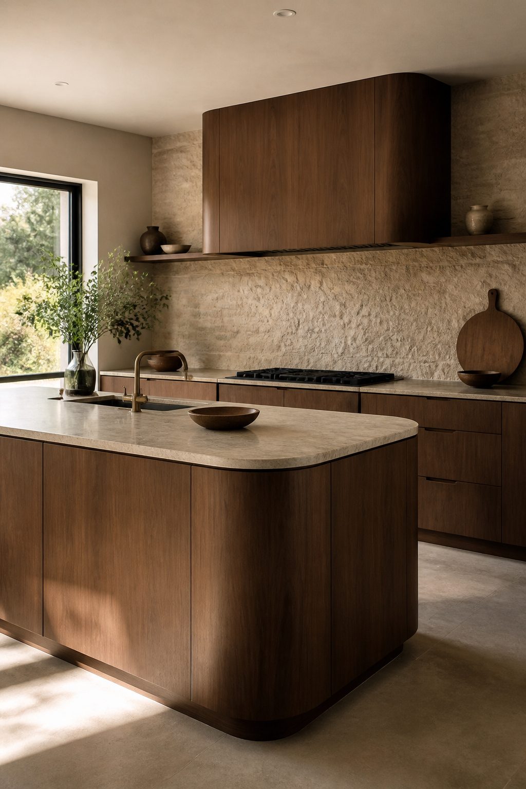 A kitchen with a rounded island and walnut tones.