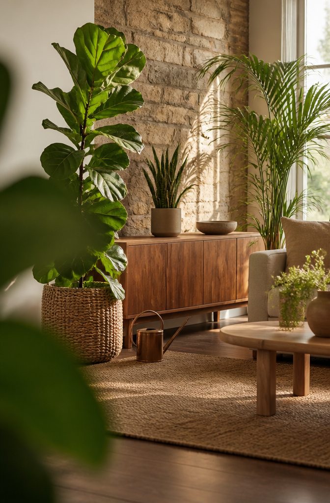 Leafy floor plant beside a sofa in a neutral living room