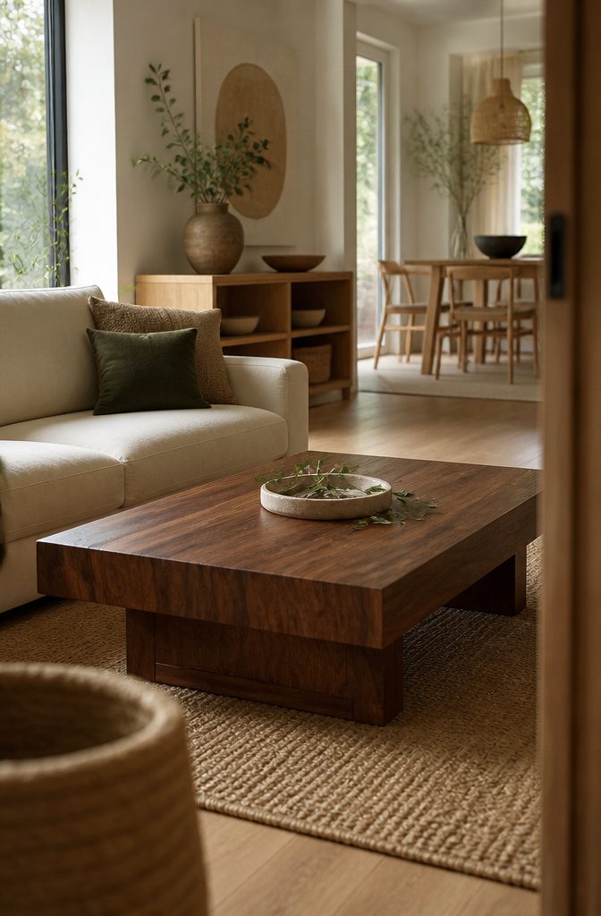 Solid wood coffee table with visible grain in an earthy living room