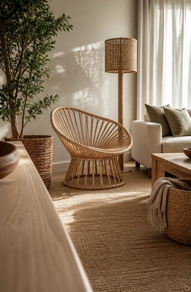 Woven rattan petal chair beside cream sofa with jute planter basket