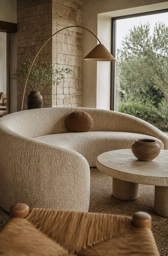 Curved sofa and organic coffee table with rounded forms in a living room
