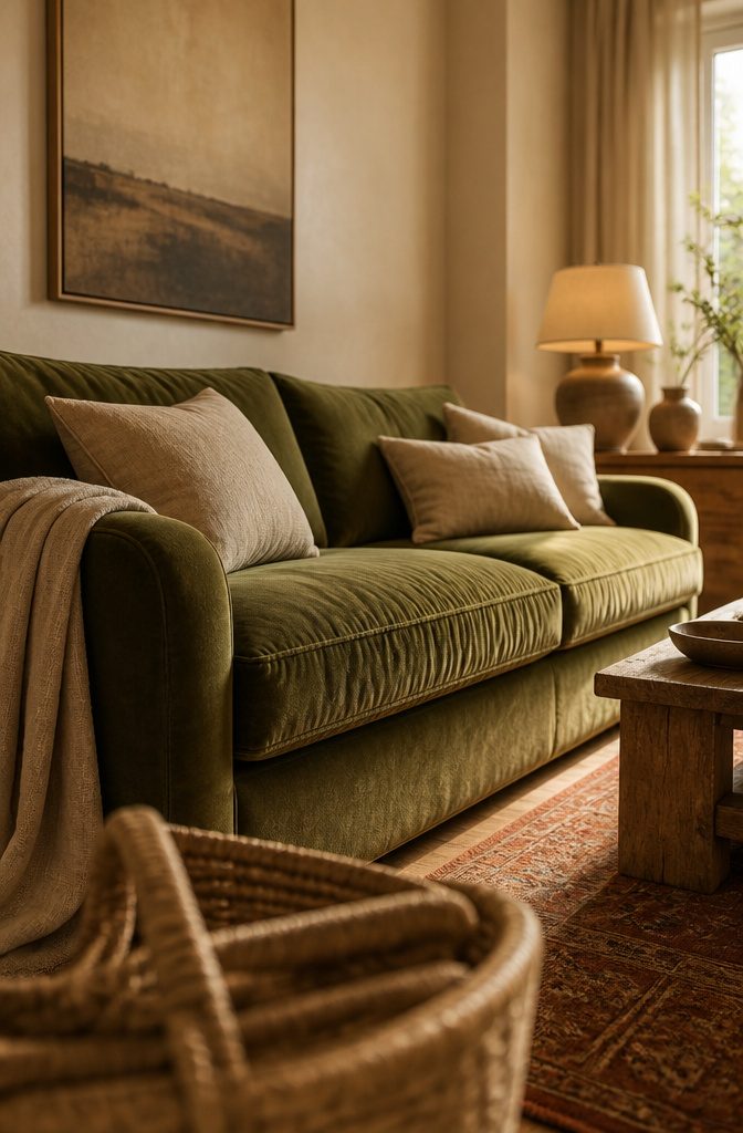 Green sofa in an earthy living room with wood tones and woven accents