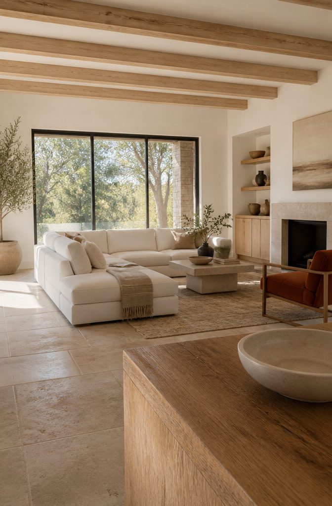 Cream sectional with natural wood furniture, stone accents and layered textiles