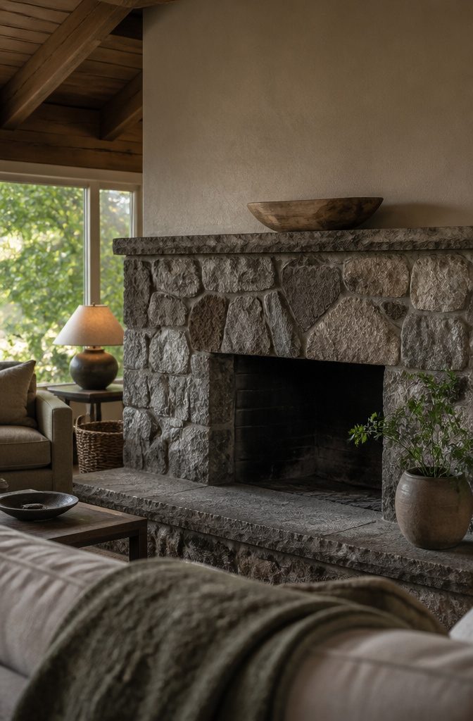 Stone fireplace wall beside soft textiles and a leafy green plant