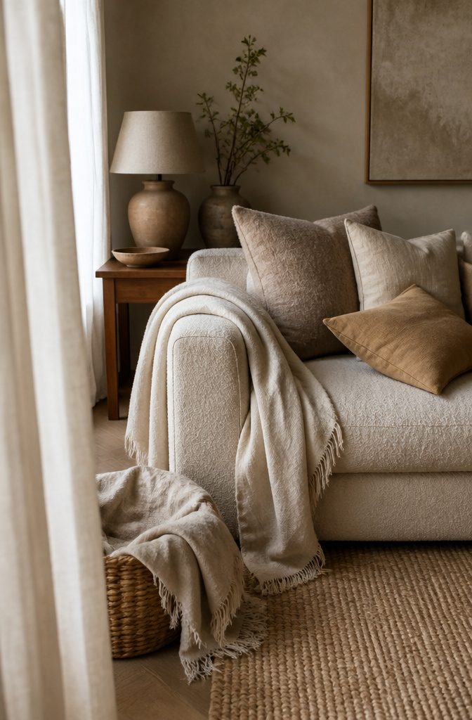 Linen throw and wool pillows on a bouclé sofa beside a jute rug