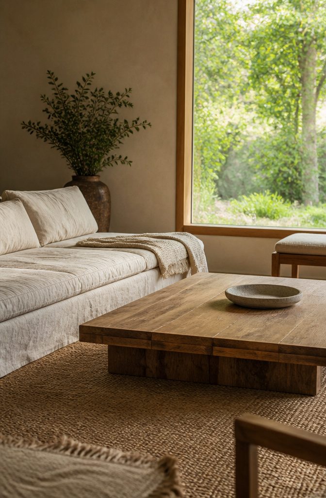 Low-profile linen sofa beside wood coffee table and woven rug near a garden window