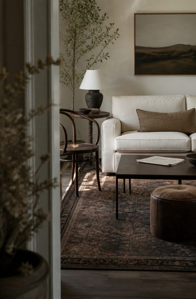 Bentwood chair beside cream sofa with vintage rug and turned-leg side table